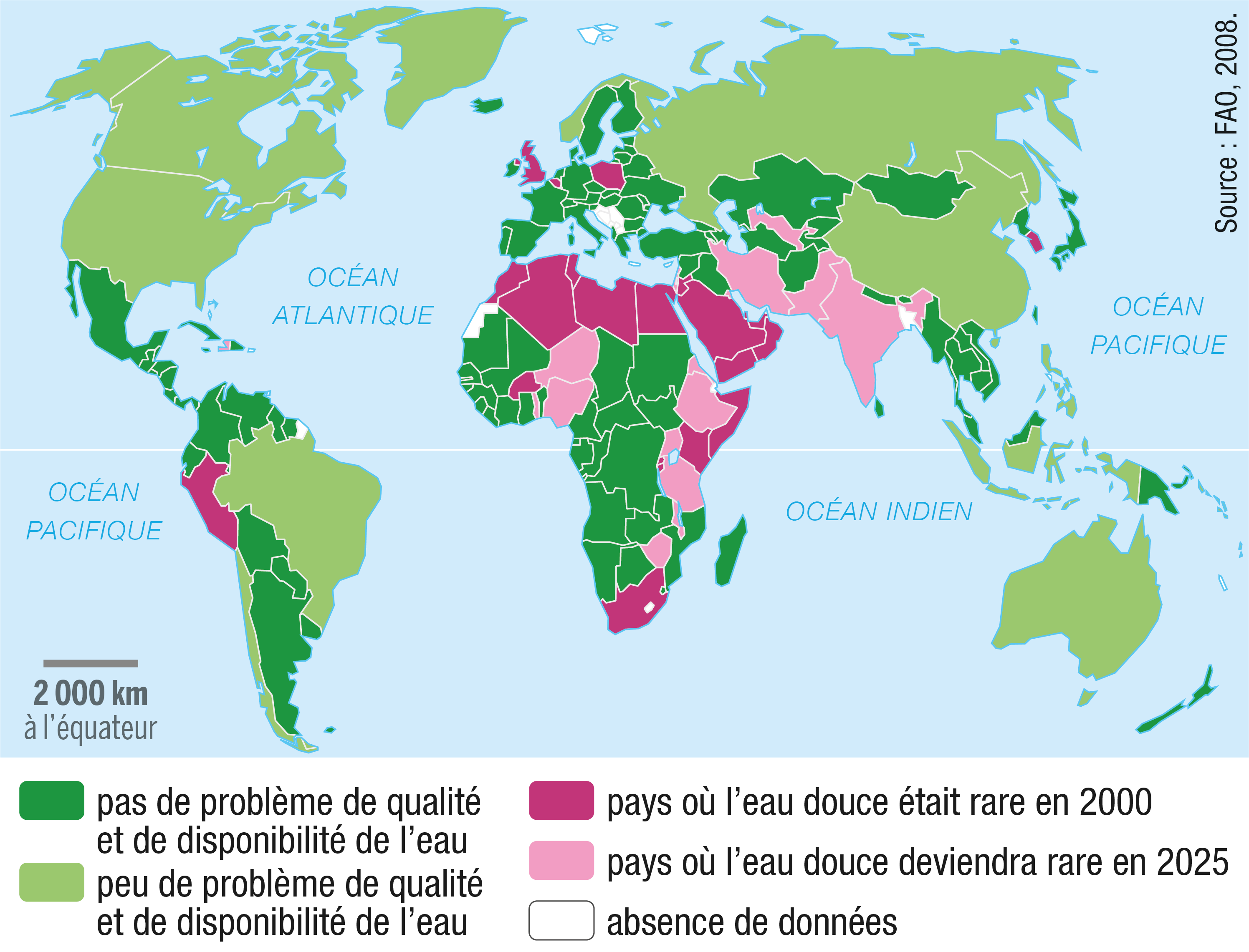 La disponibilité en eau douce en 2000 et les prévisions pour 2025.