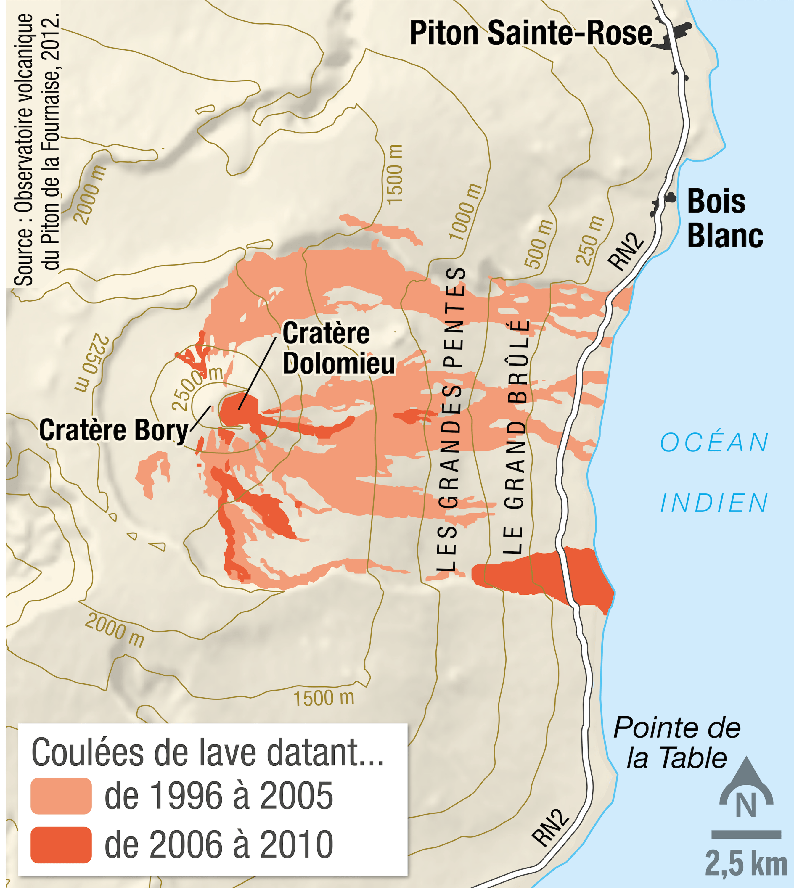 La carte des coulées de lave du piton de la Fournaise, sur l’ile de La